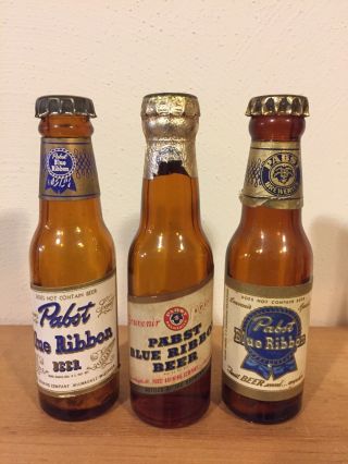 Three Vintage Miniature Pabst Blue Ribbon Glass Beer Bottles