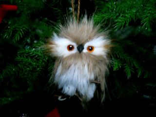 Plush Furry Feather Brown White & Black Owl Branch Ornament