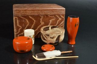T2100: Japanese Wooden Tea Ceremony Box Chabako,  Tea Bowl Tea Caddy Spoon