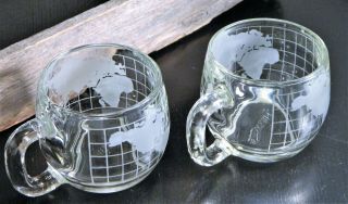 Vtg/Coffee Mugs/Clear Glass Cups/Nestle/Etched/Frosted/World Globe/Map/ 2 3
