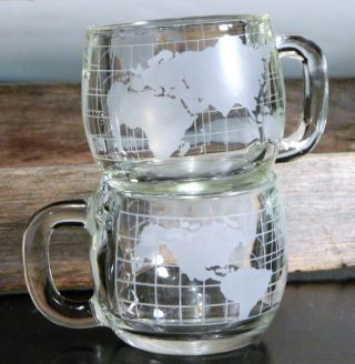 Vtg/Coffee Mugs/Clear Glass Cups/Nestle/Etched/Frosted/World Globe/Map/ 2 4