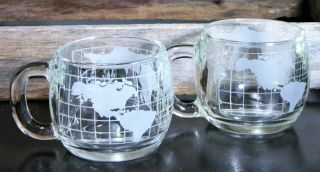 Vtg/Coffee Mugs/Clear Glass Cups/Nestle/Etched/Frosted/World Globe/Map/ 2 5