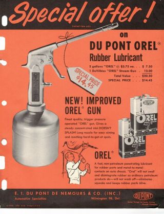 Vintage Collectible 1960 Dupont Orel Rubber Lubricant Jobbers Sell Sheet Advert