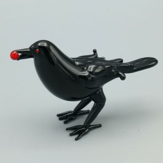 Art Glass Black Crow Raven With Berry Bird Figurine Murano Style Blown Glass 4 "