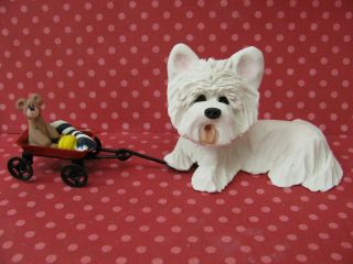 Handsculpted Westie West Highland White Terrier Pulling Wagon Of Toys Figurine