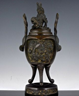 19thc Japanese Meiji Fu Lion Dog Scenic Figural Bronze Censer Vase