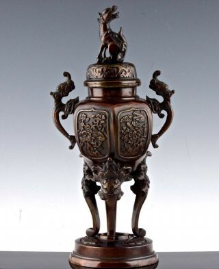 Very Fine Tall 19thc Japanese Meiji Fu Dog Lion Tiger Figural Bronze Censer Vase