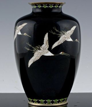 Fine 19thc Japanese Meiji Crane Birds Scenic Black Cloisonne Enamel Bronze Vase