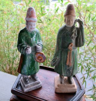 Terra - Cotta Pair Chinese Ming Dynasty Green Glazed Attendant Figurines