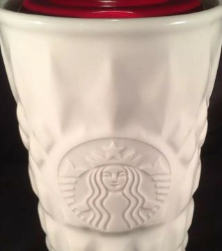 EUC Starbucks WHITE Mug 2014 DOT Geometric Relief Diamond BONE CHINA Travel CUP 2
