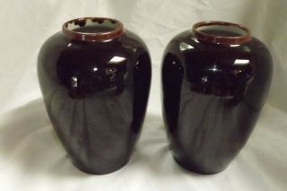Pr Antique Chinese Mirror Black Glaze 7 1/4 " Vases With Brown Rim Fine