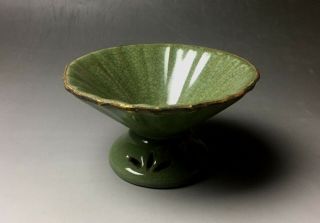 Rare Chinese Porcelain Donggou Kiln Pea Green Glaze High - Foot Bowl