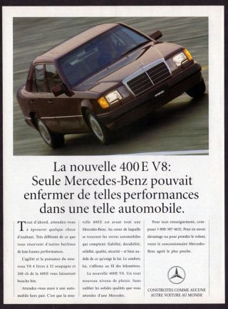 1992 Mercedes 400e V8 Vintage Print Ad - Sedan Car Photo French Canada