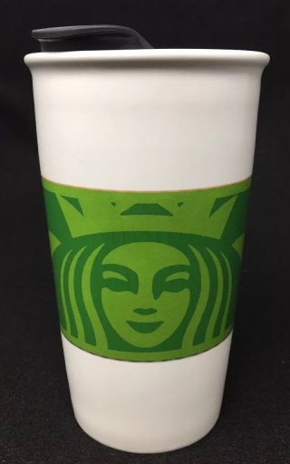 Starbucks White Green Ceramic Sleeve 12 Oz Tumbler Siren Mermaid Logo Lid 2012