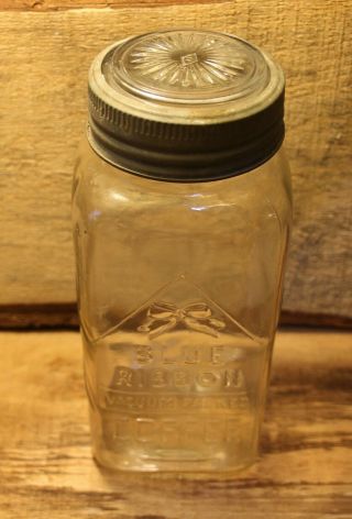 Vintage Glass Mason Jar Blue Ribbon Coffee 4737 Glass Lid Dated 1933,