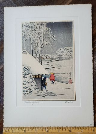 Takahashi Hiroaki Shotei Japanese Woodblock Print " Evening Snow " Ikegami