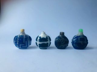 Four Antique Chinese Peking Glass,  Blue Overlay Glass Snuff Bottles,  Silver Top