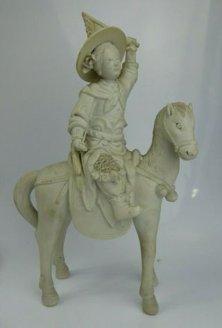 Chinese Antique Signed Biscuit Porcelain Figure On Horse Dehua ? Qing / Republic