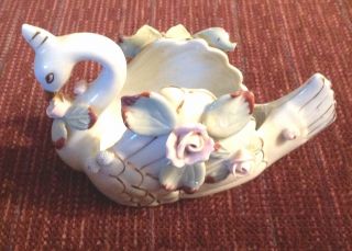 Open Swan Figural Planter Japan Porcelain Ucagco Pink Roses