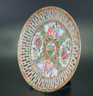 RARE Antique Chinese Canton Famille Rose Porcelain Plate with Pierced Rim 19th C 6