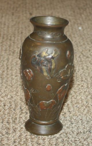 Antique Japanese Bronze Vase With Applied Copper & Brass - Swallows & Hibiscus