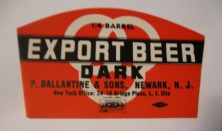 Vintage Irtp Ballantine Dark Beer - Brewing 1/4 Barrel Bottle Label Newark Nj