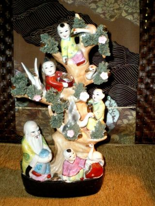 Early 20th Cent Chinese Figurine With God And 4 Children 5 Cranes In Tree 14 "