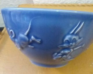 Vintage Blue Cereal Pottery Bowl Bas Relief Animals Cat Dog Rabbit More 5 1/2 " D