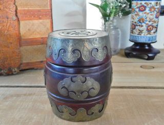 Antique Chinese Brass Bronze Wood Fu Bat Tea Caddy Tobacco Canister Jar Humidor