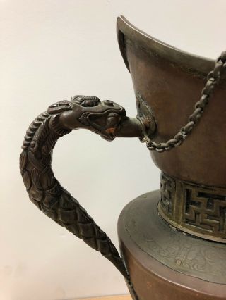 Antique Tibetan Chinese Copper Teapot Jar Coffee Wine Pot Dragon Handle 12.  5” 3