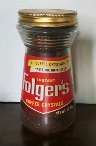 Vintage 1970 Folgers Instant Coffee Crystals 10 Oz.  Glass Jar