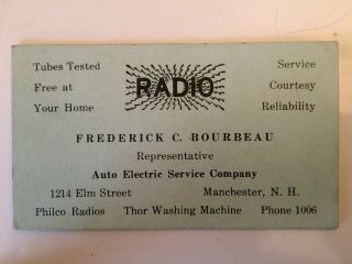 Vintage Business Card Auto Electric F.  Bourbeau Manchester Nh Philco Radios