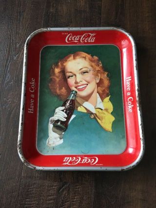 Vintage Coca - Cola 1950s Metal Tray Red Hair Girl With Yellow Scarf
