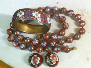 Fine Antique Chinese Bronze Cloisonne Earring/bangle/&necklace Set
