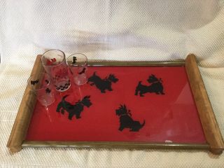 Vintage Black Scottie Dogs On Red Background,  Glass & Wood Tray