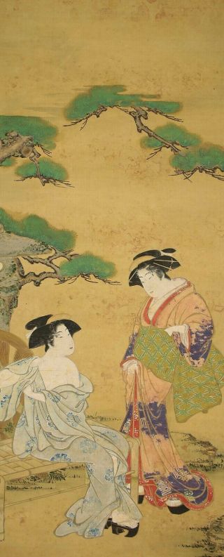 掛軸1967 Japanese Hanging Scroll " Ukiyo - E Two Beauties Under Pine " @b997