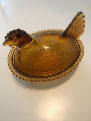 Vintage Amber Brown Glass Hen On Nest Glass Rooster Covered Candy Dish
