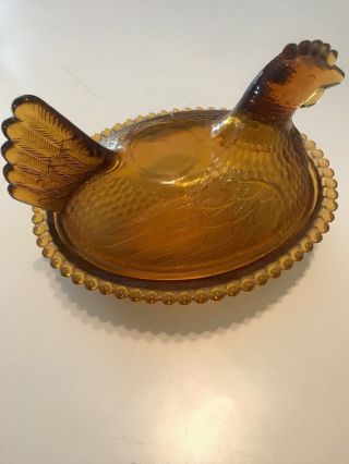 Vintage Amber Brown Glass Hen On Nest Glass Rooster Covered Candy Dish 2