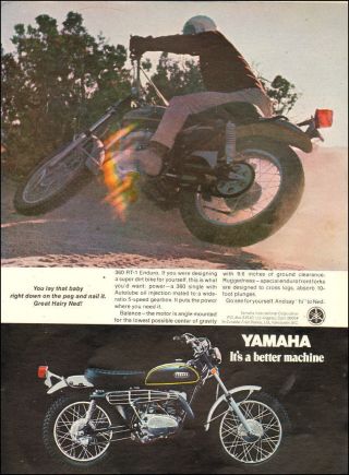 1971 Vintage Motorcycle Ad Yamaha Rt - 1 Enduro 360,  Off Road Action Photo 100418