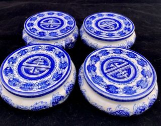 Chinese Vintage Blue And White Porcelain Stand Set Of 4