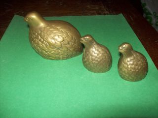 Vintage Set Of 3 Quail Partridge Brass Mother & Babys Birds Figurines