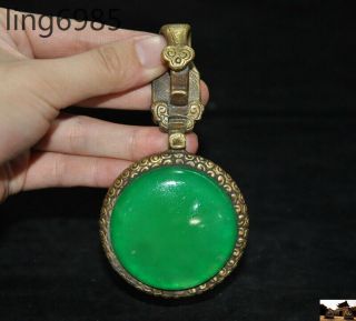 Old Chinese Dynasty Noble Bronze Inlay Green Jade Gem Belt Buckle Amulet Pendant