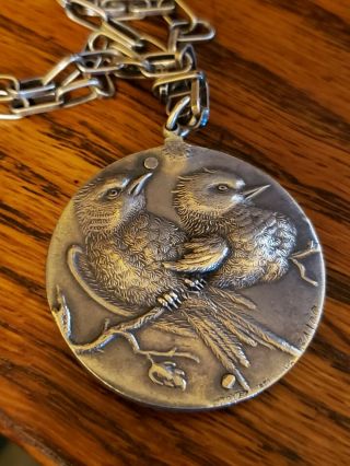 Antique George W Shiebler Sterling Silver Bird Aesthetic Fob Pendant Necklace
