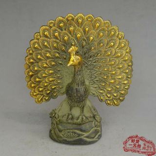 China Old Bronze Statue Decorate Gold Gilding Peacock Feng Shui Worship Gods