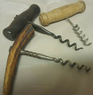 3 X Vintage Antique Wooden / Horn Corkscrews / Bottle Openers 3.  5 " - 5 " Long