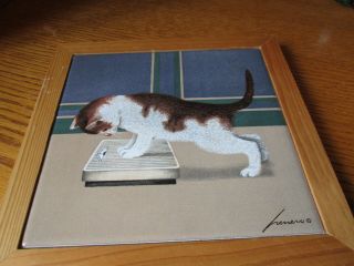 Cat On A Scale Lowell Herrero Vandor Ceramic Framed Tile Plaque 7 " Sq