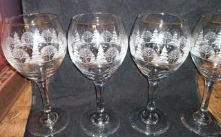 4 Libbey Christmas Winter White Frosted Trees Stemmed Glasses Goblet Arby 