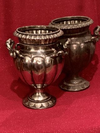 Pair Large Antique Silver Plated British E&cvictorian Serpent Handled Ewers Urns