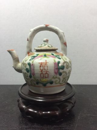 Antique Chinese Porcelain Famille Rose Lidded Teapot With Happiness,  19/20th C