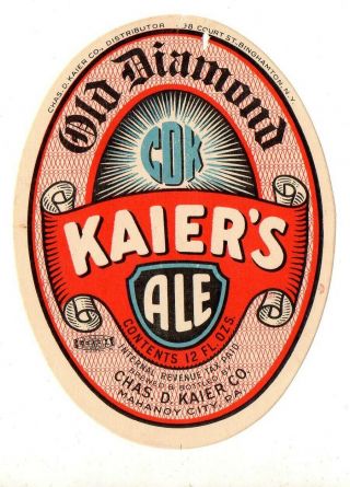 1930s Chas Kaier Brewery,  Mahanoy City,  Pennsylvania Old Diamond Ale Irtp Label